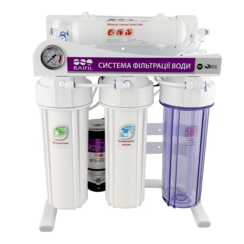 Фільтр з зворотним осмосом Raifil GRANDO 5+ (RO905-550BP-EZ-S 75G) з насосом на стійці з манометром.