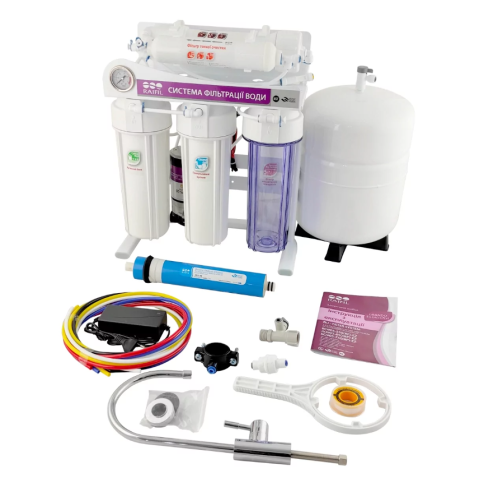 Фільтр з зворотним осмосом Raifil GRANDO 5+ (RO905-550BP-EZ-S 75G) з насосом на стійці з манометром.