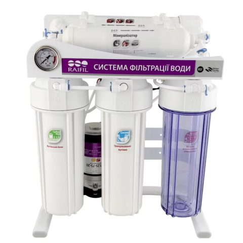 Фільтр з зворотним осмосом Raifil GRANDO 6+ (RO905-650BP-EZ-S-75G) з насосом на стійці з манометром.