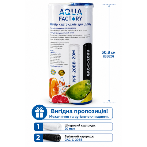 Набір картриджів Aqua Factory Set-2 Special шнуровий картридж+вугілля GAC, 4,5 x 10 (Big Blue 20) 20 мкм
