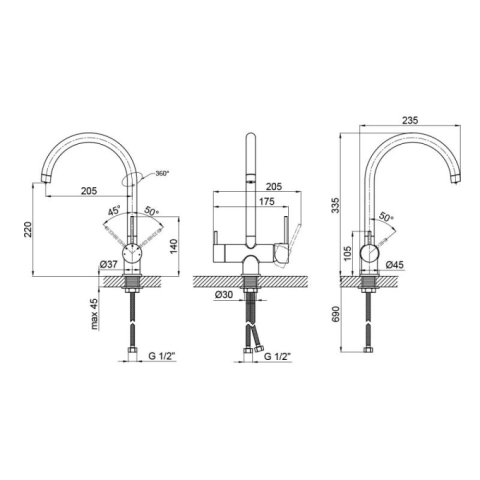 Смеситель трехпозиционный Qtap QTKUC92102UB Black Matt (под осмос и холл/гор. воду)