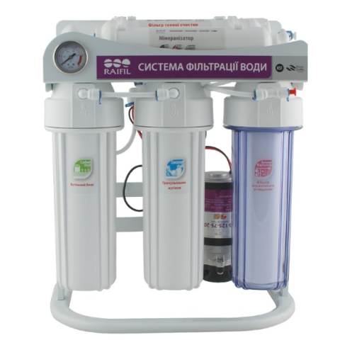 Фільтр з зворотним осмосом Raifil GRANDO 5+ (RO905-550BP-EZ-S 75G) з насосом на стійці з манометром.